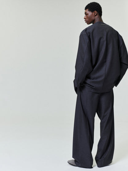 Grey Striped Wool Wide Leg Drawstring Pants
