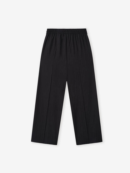 Black Striped Wool Wide Leg Drawstring Pants